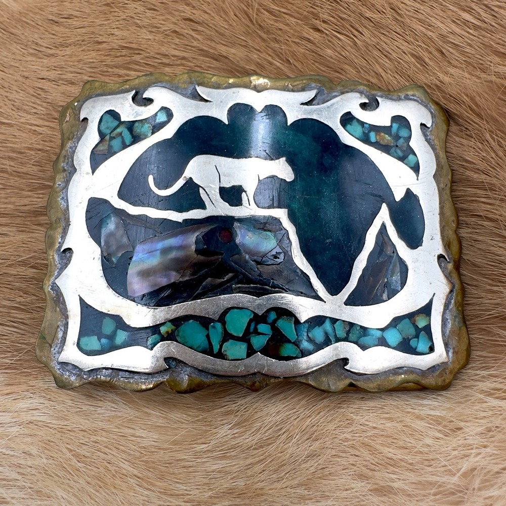 VTG Southwestern Panther Turquoise Abalone Chip Inlay Belt Buckle Mosaic Western
